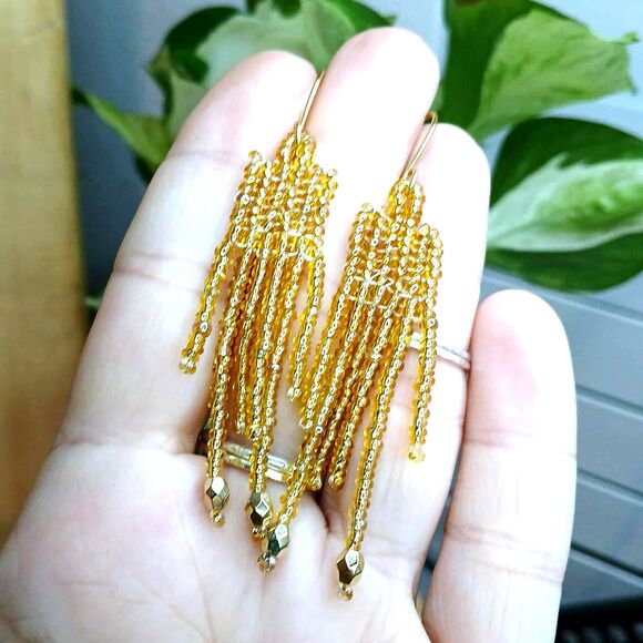 Gold Beaded Dangle Fringe Earrings, Seed Bead Jewelry, Boho Chic, 3" - Picture 3 of 6